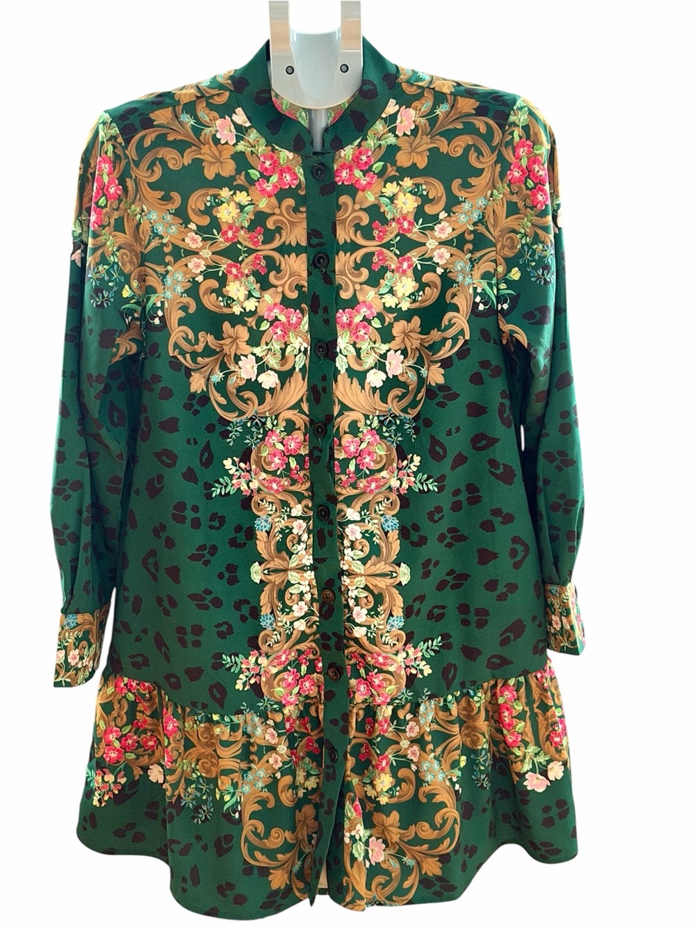 eShakti Wayward Fancies Green Floral Baroque Long Sleeve Tunic Dress Top